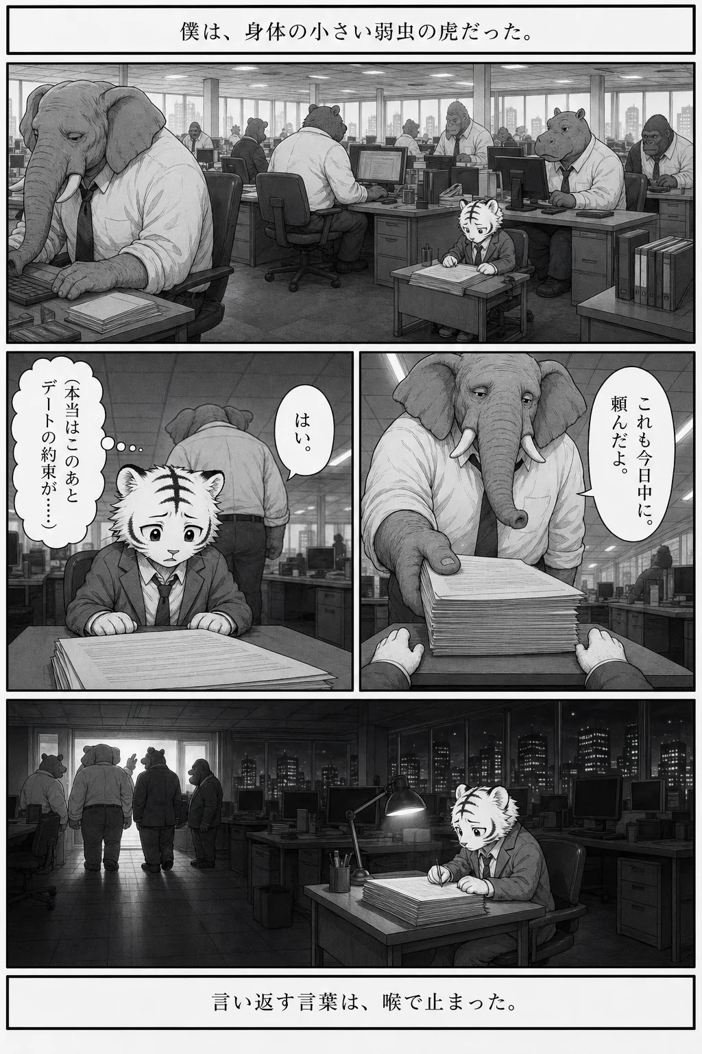 漫画 1ページ 僕は、身体の小さい弱虫の虎だった。 これも今日中に。頼んだよ。 （本当はこのあとデートの約束が……） はい。 言い返す言葉は、喉で止まった。