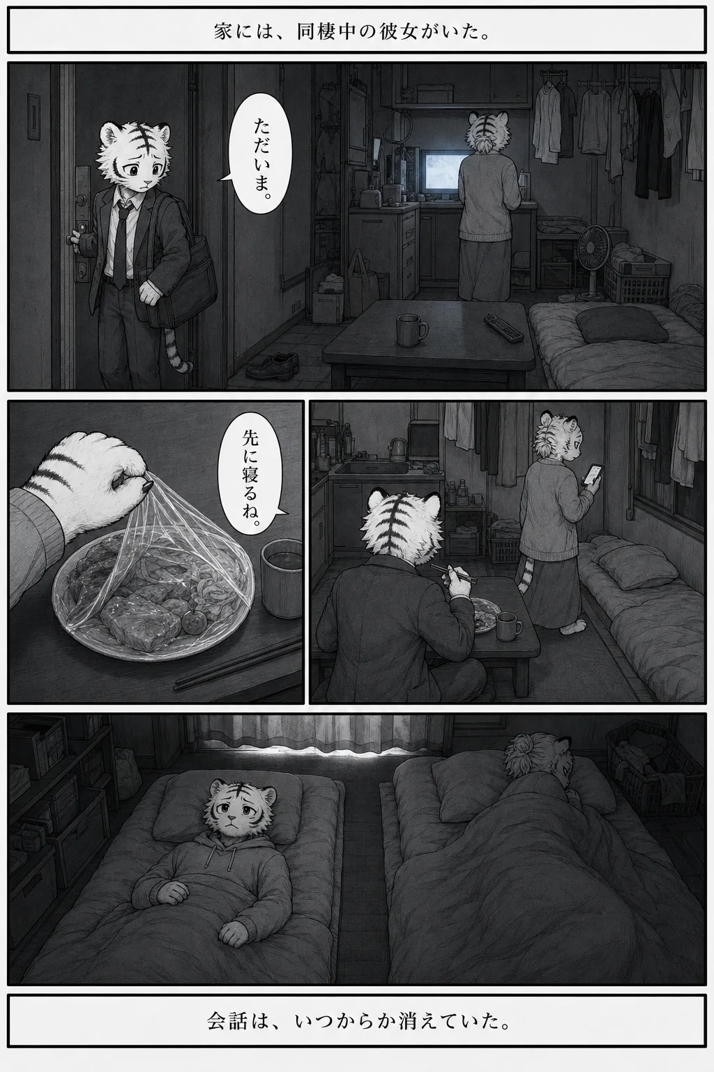 漫画 2ページ 家には、同棲中の彼女がいた。 ただいま。 先に寝るね。 会話は、いつからか消えていた。