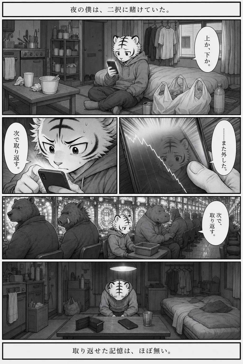 漫画 3ページ 夜の僕は、二択に賭けていた。 上か、下か。 ……また外した。 次で取り返す。 次で、取り返す。 取り返せた記憶は、ほぼ無い。