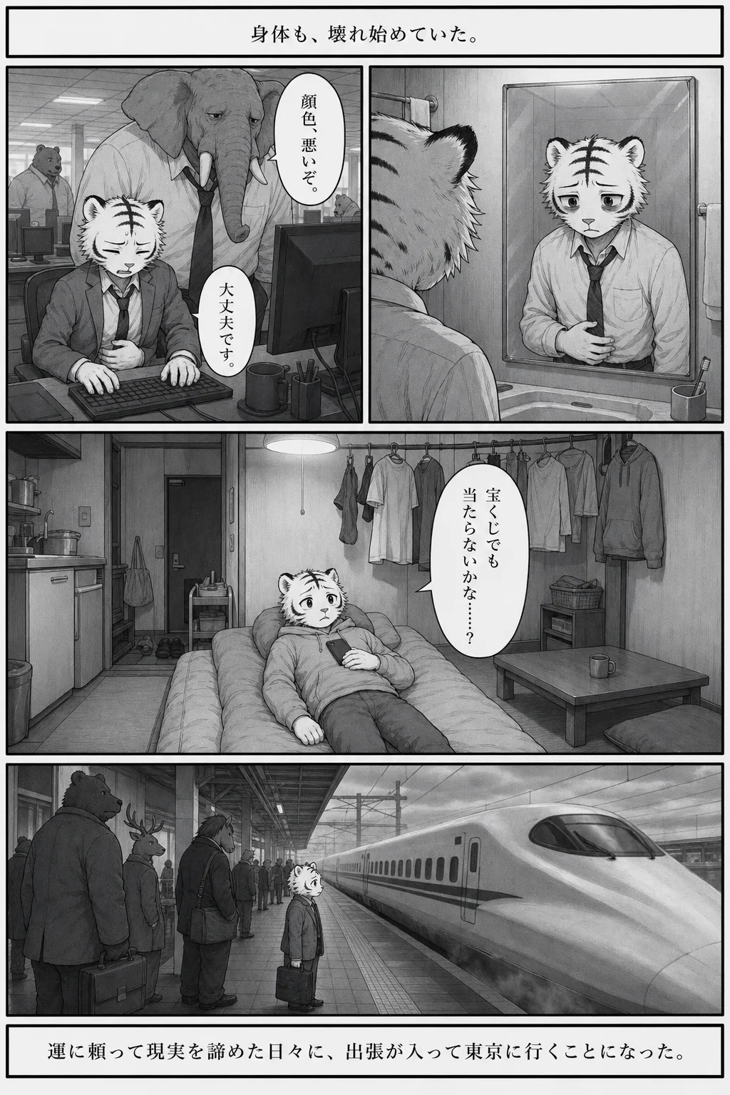 漫画 4ページ 身体も、壊れ始めていた。 顔色、悪いぞ。 大丈夫です。 宝くじでも当たらないかな……？ 運に頼って現実を諦めた日々に、出張が入って東京に行くことになった。