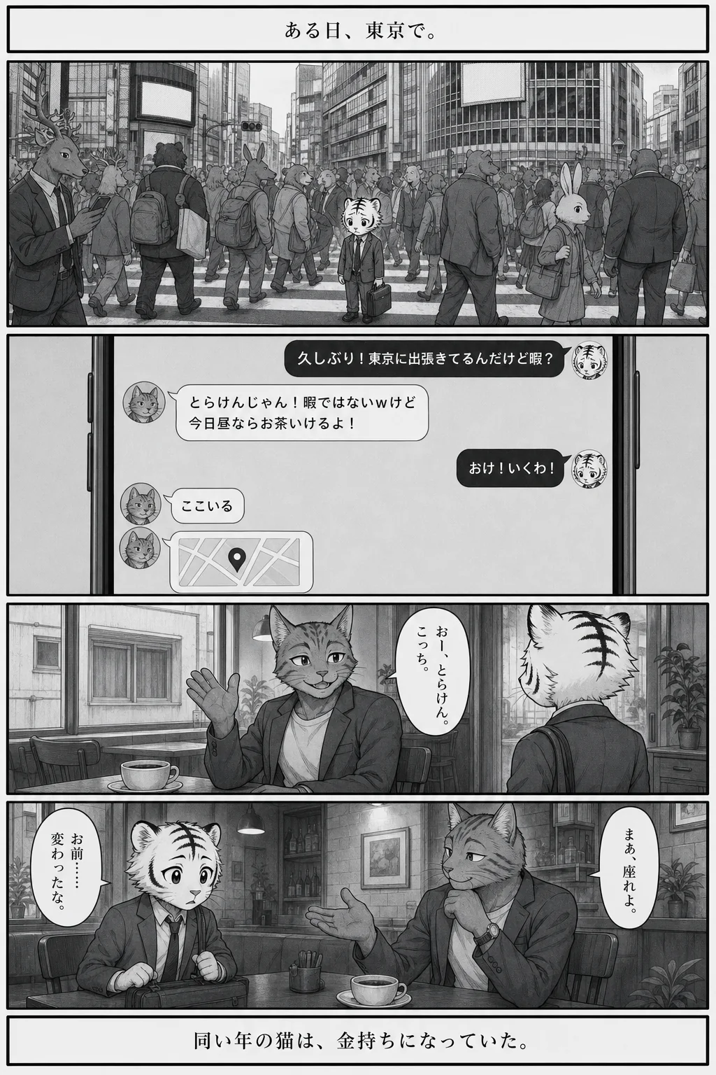 漫画 5ページ ある日、東京で。 おー、とらけん。こっち。 お前……変わったな。 まあ、座れよ。 同い年の猫は、金持ちになっていた。