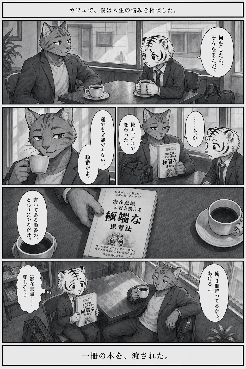 漫画 6ページ カフェで、僕は人生の悩みを相談した。 何をしたら、そうなるんだ。 運でも才能でもない。 順番だよ。 ……本、か。 俺も、これで変わった。 書いてある順番の、とおりにやるだけ。 （潜在意識……難しそう） 俺、3冊持ってるから、あげるよ。 一冊の本を、渡された。