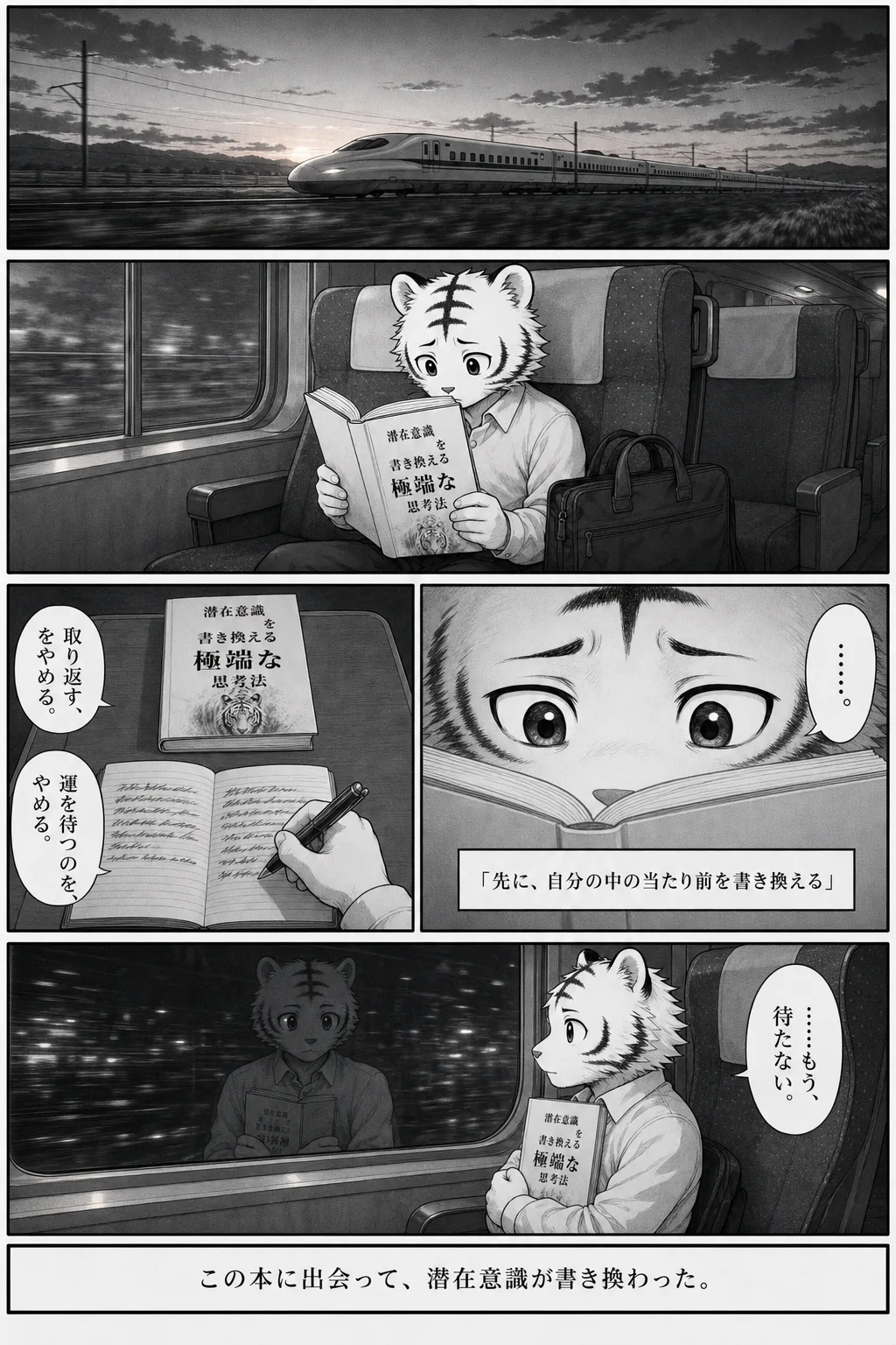漫画 7ページ 「先に、自分の中の当たり前を書き換える」 ……。 取り返す、をやめる。 運を待つのを、やめる。 ……もう、待たない。 この本に出会って、潜在意識が書き換わった。
