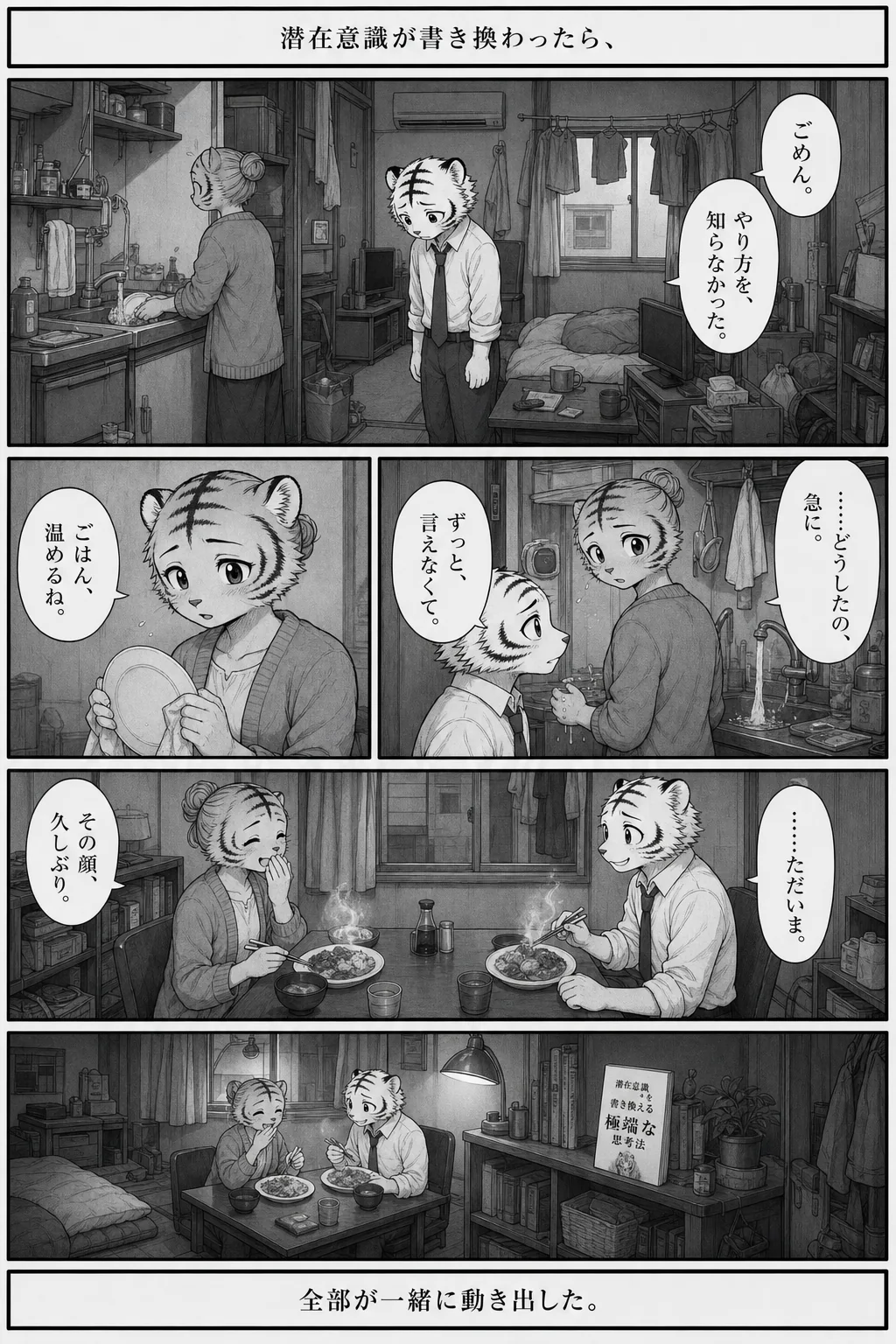 漫画 9ページ 潜在意識が書き換わったら、 ごめん。 やり方を、知らなかった。 ……どうしたの、急に。 ずっと、言えなくて。 ごはん、温めるね。 その顔、久しぶり。 ……ただいま。 全部が一緒に動き出した。